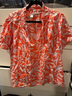 Women's Orange Floral Short-Sleeve Split-Neck Top